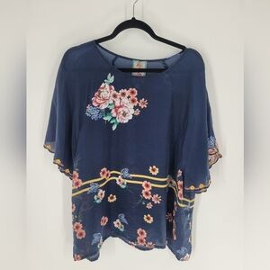 Johnny Was Paola blue floral‎ blouse short sleeves size L